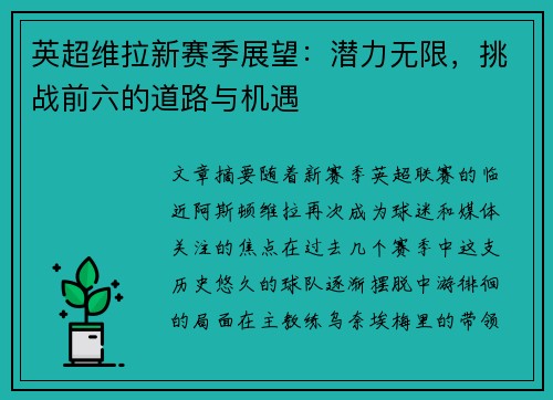 英超维拉新赛季展望：潜力无限，挑战前六的道路与机遇